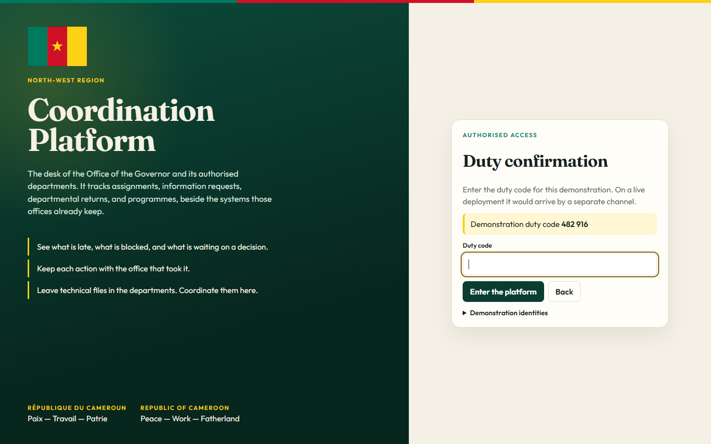 Second sign-in step titled Duty confirmation, with a yellow slip showing the duty code and a field to type it.