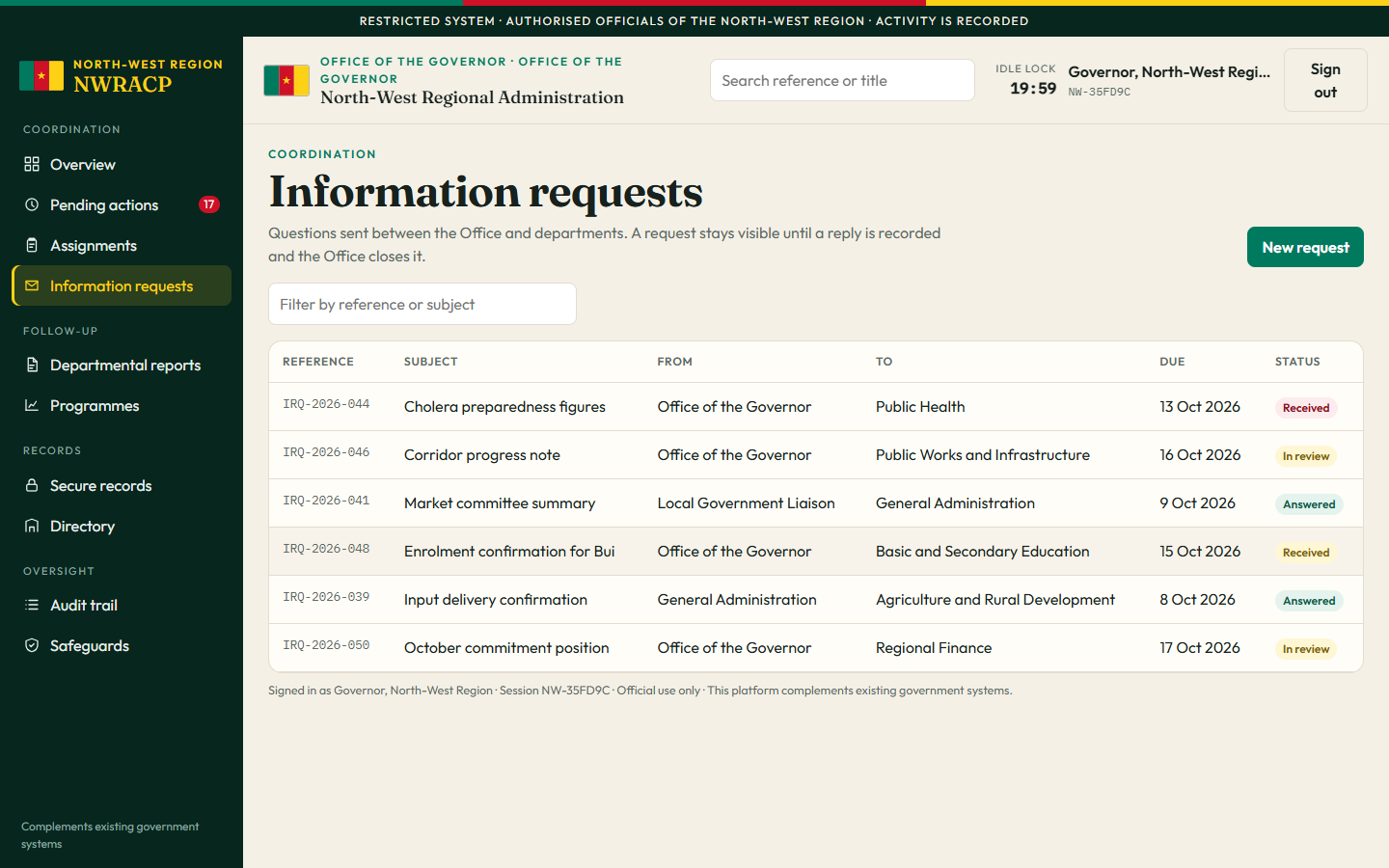 Information requests table showing subjects such as cholera preparedness figures, a corridor progress note, and an enrolment confirmation, with from, to, due date, and status.