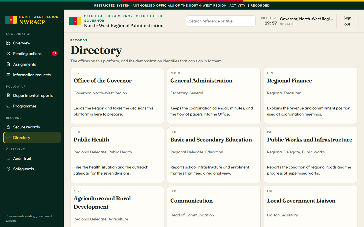 Directory of regional offices including the Office of the Governor, General Administration, Finance, Public Health, Education, Public Works, Agriculture, Communication, and Local Government Liaison.