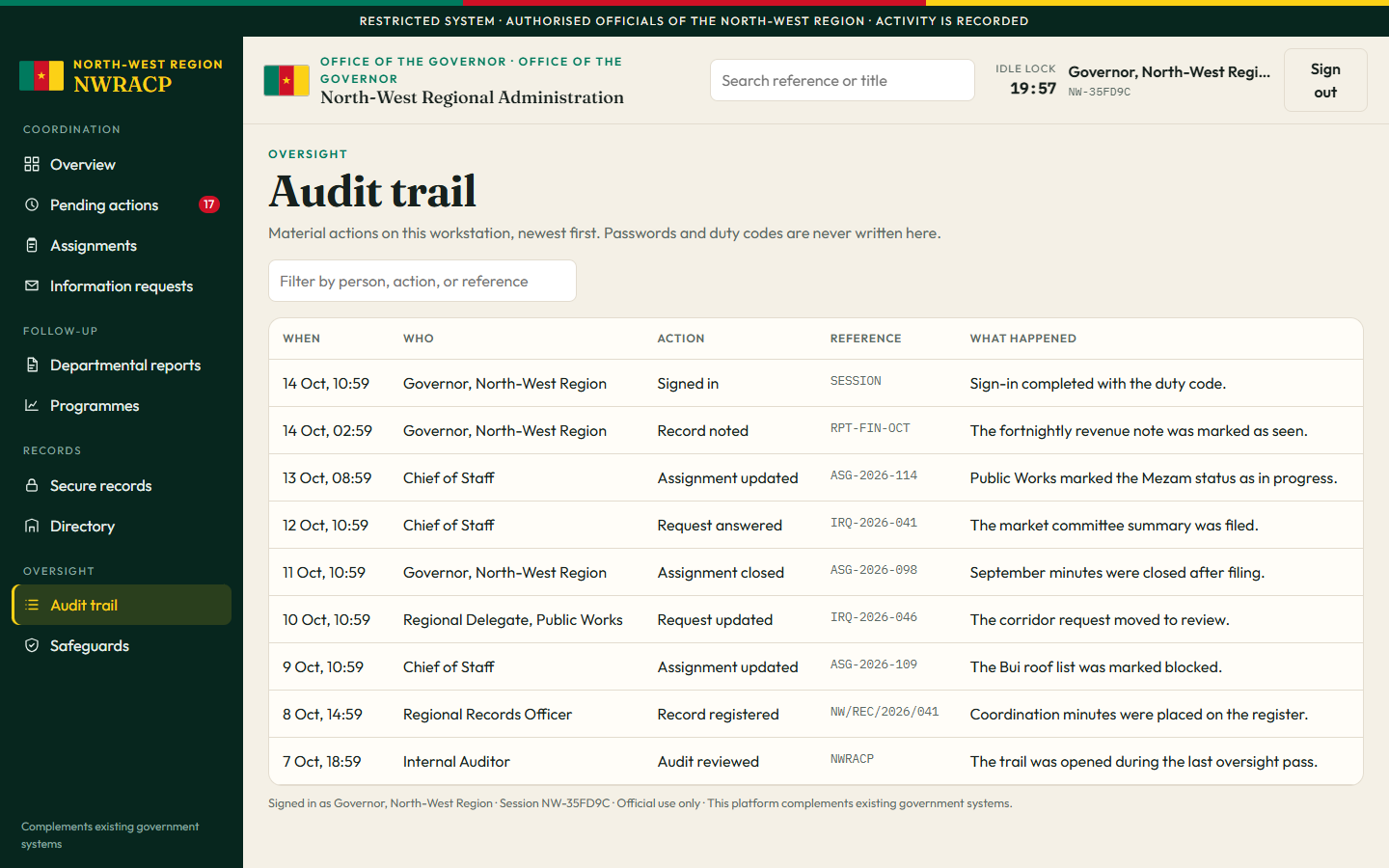 Audit trail table listing when an action happened, who did it, the action, the reference, and a one-line summary. Visible to the Governor, Chief of Staff, and Internal Audit.