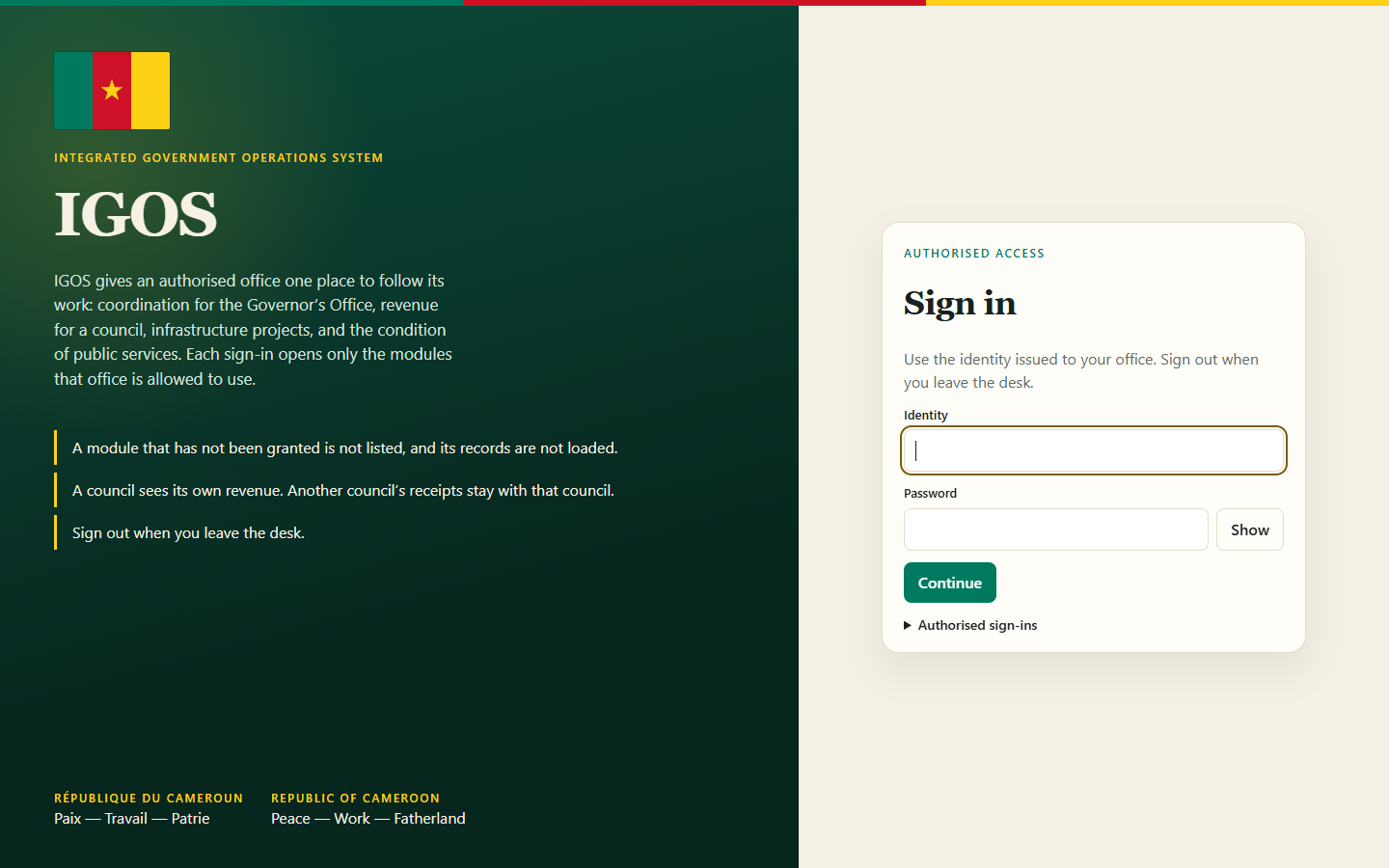 IGOS sign-in. Green panel with the Cameroon flag and the title IGOS. Cream card with identity and password fields.
