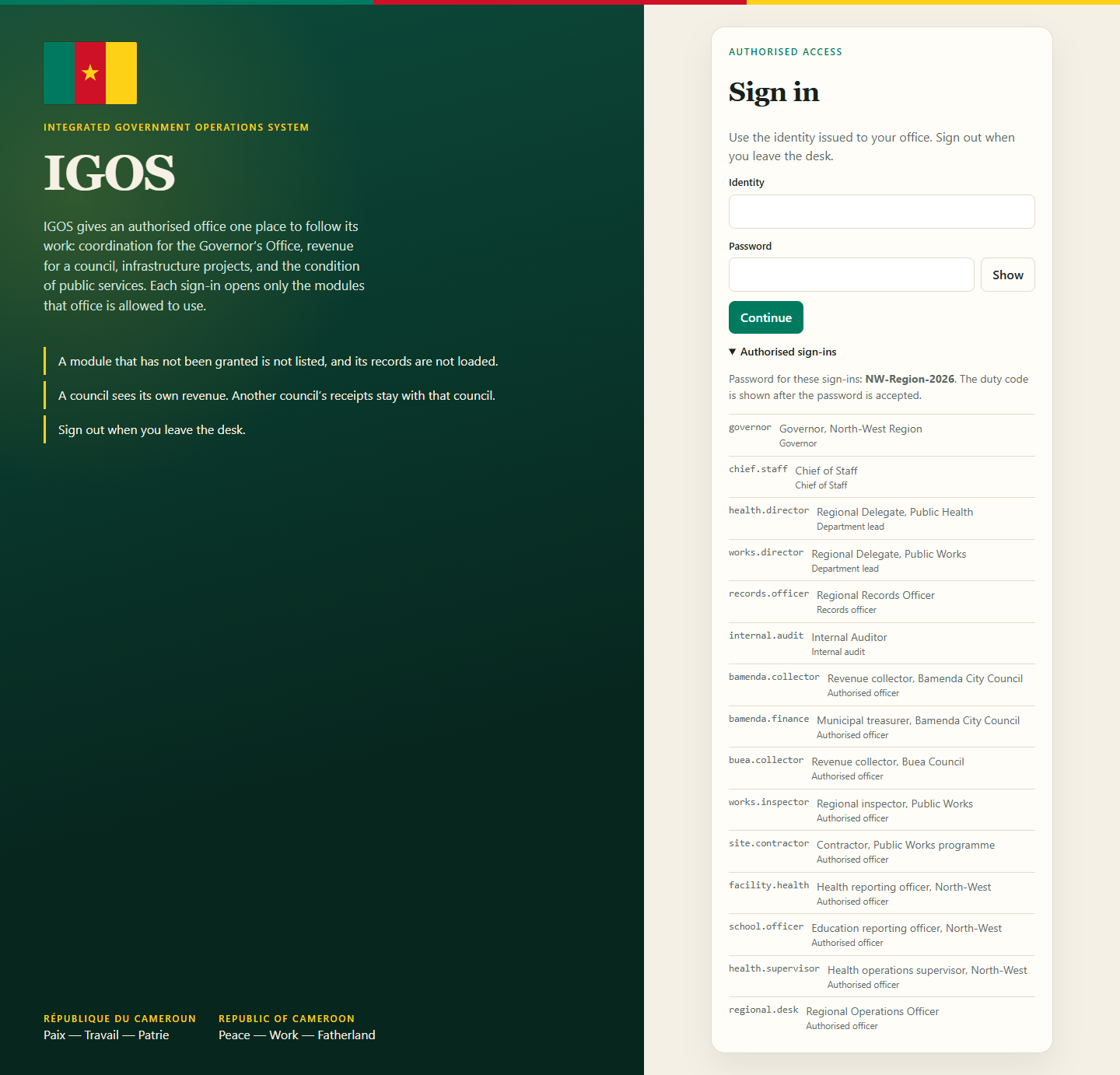 Sign-in card with the authorised identities list open, from governor through regional.desk.