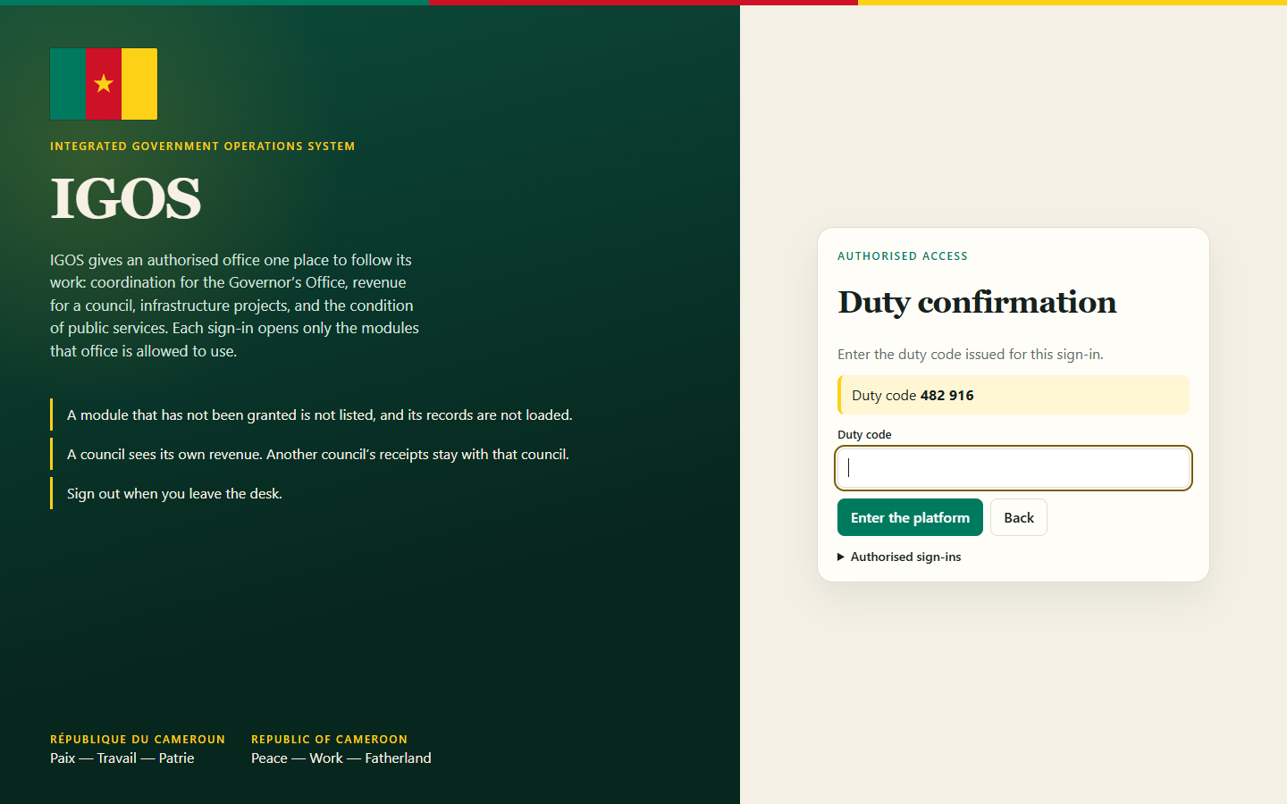 Duty confirmation step with duty code 482916.