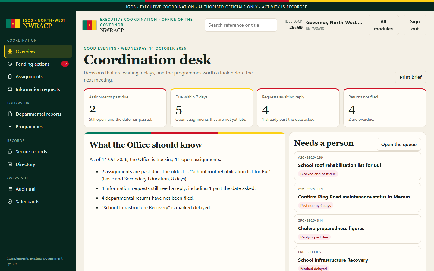 Coordination desk after the Governor opens Executive Coordination.