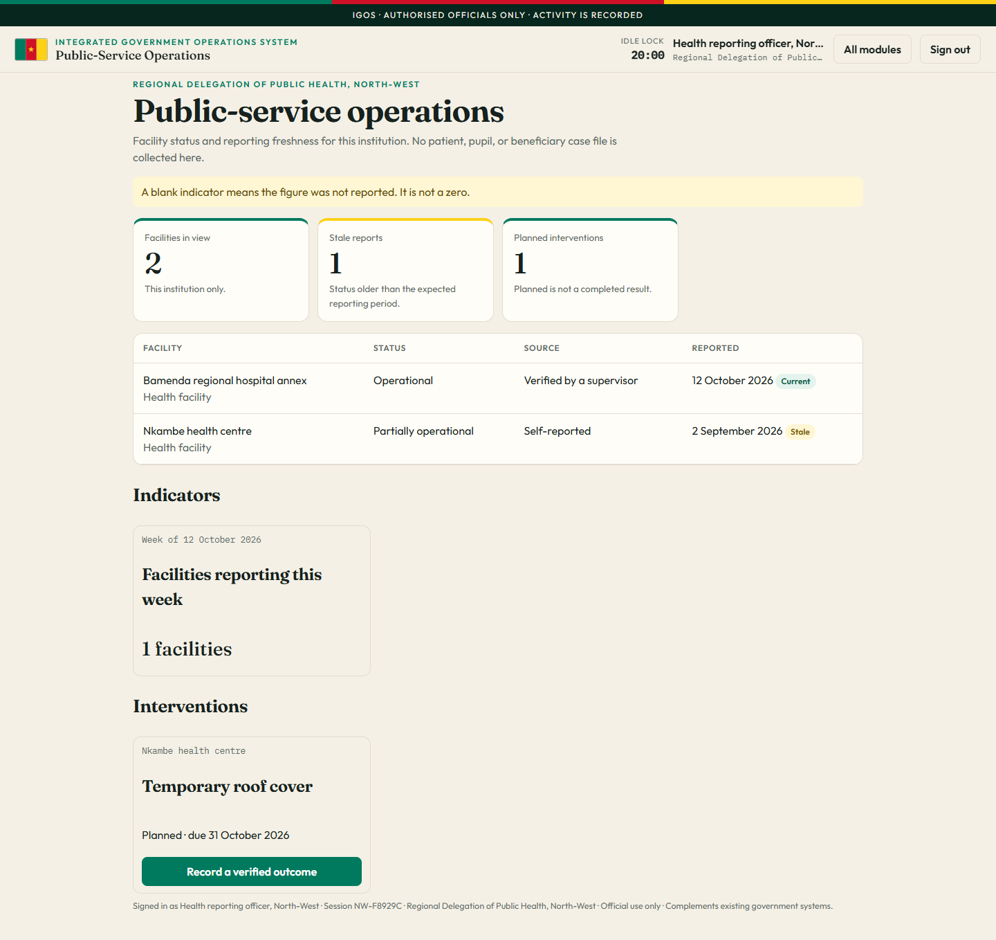 Public-service operations for the health reporting officer.
