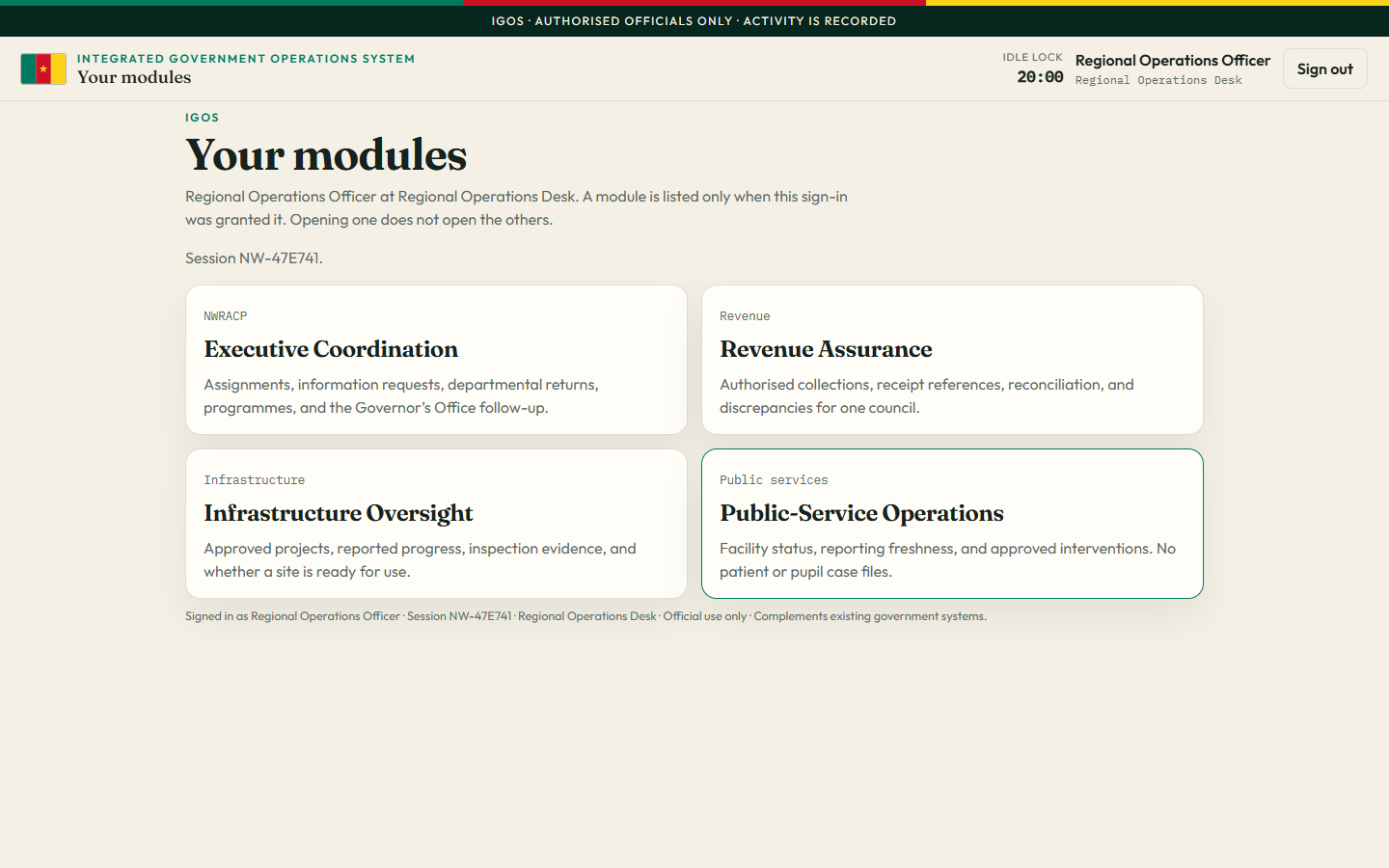 Regional Operations Desk with four module cards: Executive Coordination, Revenue Assurance, Infrastructure Oversight, and Public-Service Operations.